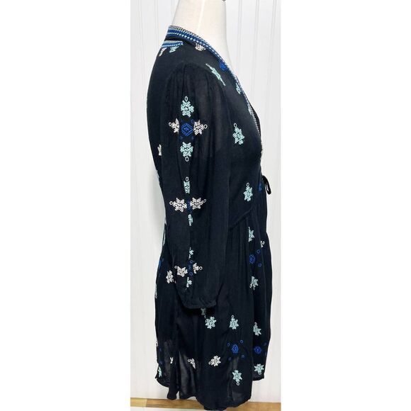 Free People Stargazer Mini Dress Embroidered V-Neck Tie Waist Black Blue Small - Picture 4 of 12